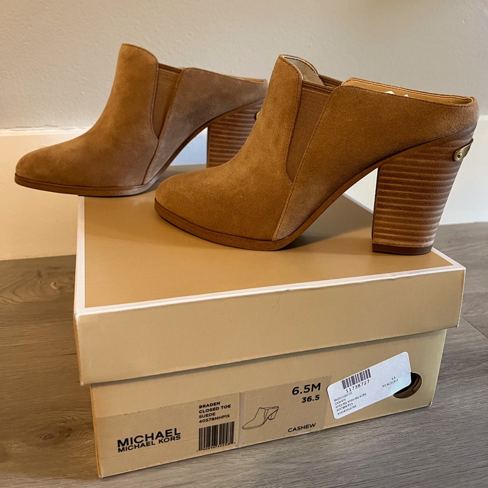 MICHAEL Michael Kors Braden closed toe suede cashew tan clog style wooden heel
